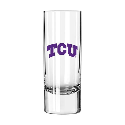 TCU 2.5oz Gameday Shooter drinkware by Logo Brands showing a clear shot glass with TCU team logo and vibrant colors.