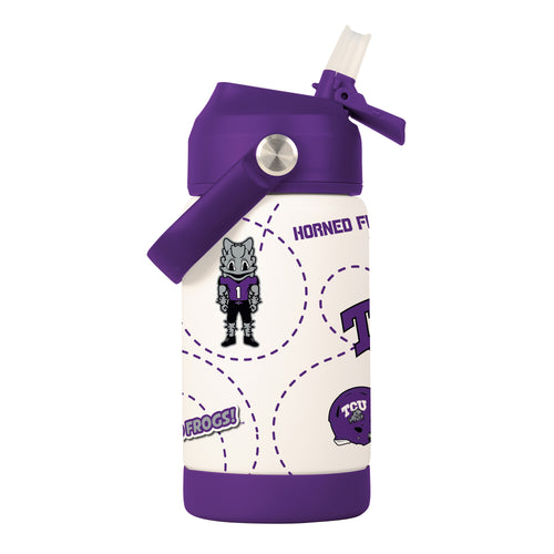 TCU 12oz mascot stainless steel kids bottle with TCU logo and mascot design, durable drinkware for children.