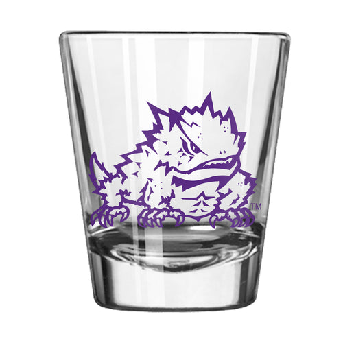 TCU 2oz Gameday shot glass featuring TCU Horned Frogs logo, made of clear glass, ideal for celebrating game day.