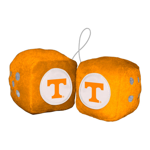University of Tennessee fuzzy dice for cars, branded by Logo Brands, featuring orange and white Tennessee logo design.