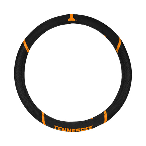 University of Tennessee logo steering wheel cover, auto cover by Logo Brands, featuring orange Tennessee team design on a car steering wheel.