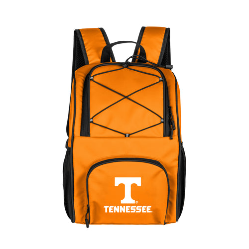 Tennessee 24 Can Flex Backpack Cooler by Logo Brands, black and gray portable cooler with shoulder straps and multiple compartments.