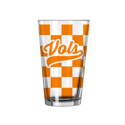 Tennessee Checkerboard 16oz pint glass by Logo Brands, clear drinkware with a bold checkerboard design and Tennessee logo.