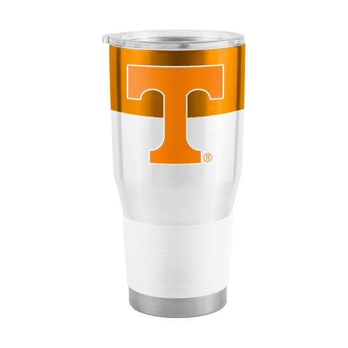 Tennessee 30oz colorblock stainless steel tumbler with lid, durable drinkware from Logo Brands, featuring vibrant colorblock design
