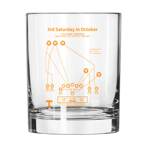 Tennessee Legendary Play 14oz rocks glass featuring October 3rd Saturday design, made by Logo Brands for drinkware enthusiasts.