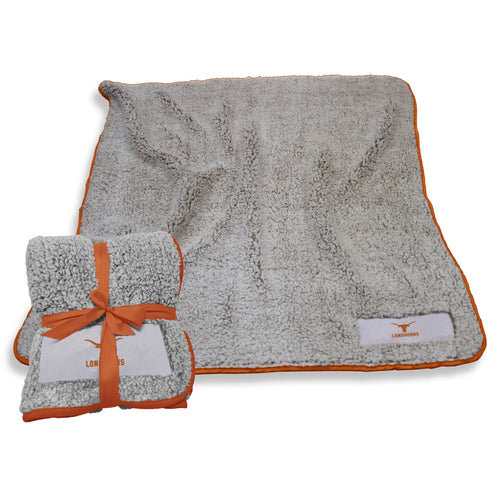 Texas Campus Colors Frosty Fleece blanket by Logo Brands, showing a cozy fleece blanket with Texas team colors and logo.