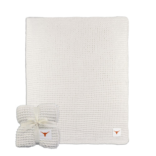Soft Texas Cable Knit Throw blanket by Logo Brands in ivory, measuring 50x60 inches, with cable knit pattern and cozy texture.