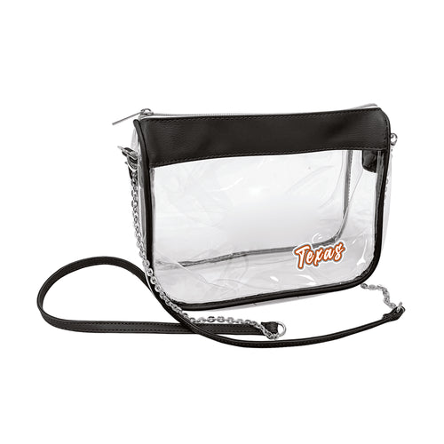 Black Texas Hype clear bag by Logo Brands, showing see-through design with sturdy handles and spacious interior for sports or events.