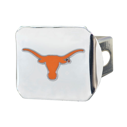 University of Texas logo hitch cover with orange and white color on chrome finish, designed for vehicle trailer hitches.