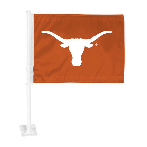 University of Texas car flag by Logo Brands, auto flag with Texas Longhorns logo on a rectangular fabric banner attached to a vehicle flagpole.