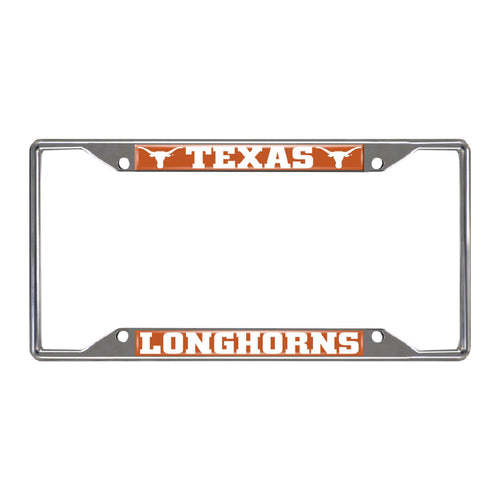 Chrome University of Texas license plate frame by Logo Brands, with Texas Longhorns logo and decorative chrome finish.