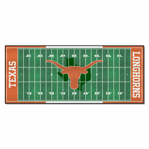 University of Texas football field runner mat by Logo Brands, featuring team logo and vibrant design suitable for sports fans.