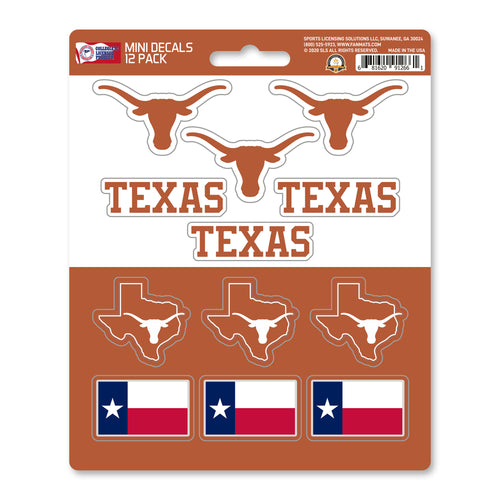 Set of 12 University of Texas mini decals from Logo Brands, featuring orange and white Texas Longhorns logos on clear backgrounds.