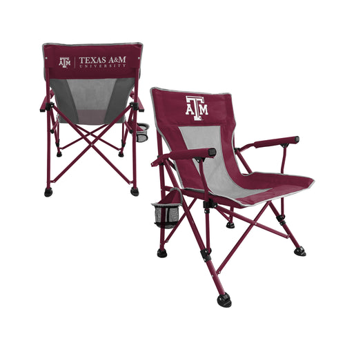 Texas A&M hard arm chair by Logo Brands, featuring a sturdy wooden frame and green fabric upholstery with the Texas A&M logo.