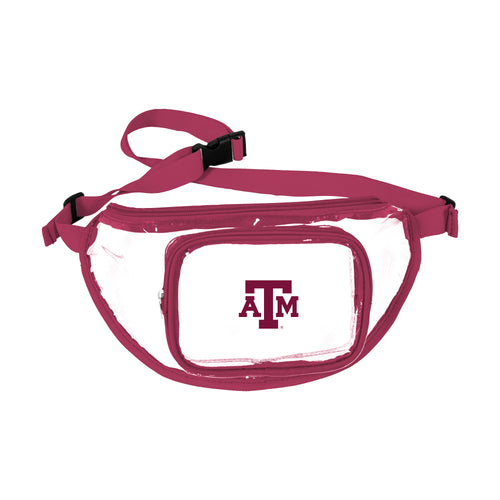 Clear fanny pack with Texas A&M logo from Logo Brands, featuring adjustable strap and transparent design for convenient carrying.