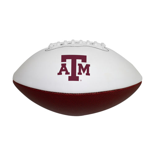 Full-size Texas A&M autograph football by Logo Brands, recreation football with signatures on the leather surface.