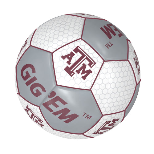 Texas A&M soccer ball by Logo Brands, recreational sports ball with Texas A&M logo and traditional black and white panel design.