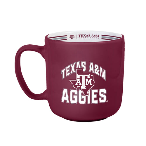 Texas A&M 15oz striped mug by Logo Brands, featuring team colors and logo, ideal for coffee or tea.