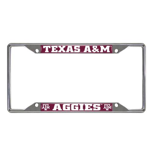 Chrome Texas A&M University license plate frame with logo branding, designed to fit standard vehicle license plates.