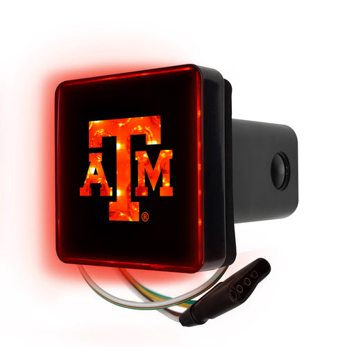 Texas A&M University lighted hitch cover by Logo Brands, featuring the university logo and LED illumination for vehicle customization.