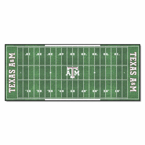 Texas A&M University football field runner mat by Logo Brands, featuring the team's logo and green turf design.