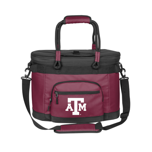 Texas A&M 35-can flexible cooler by Logo Brands, black cooler with Texas A&M logo and handles for easy carrying.