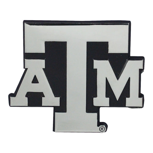 Texas A&M University chrome emblem by Logo Brands, featuring the university's official logo and a shiny chrome finish.