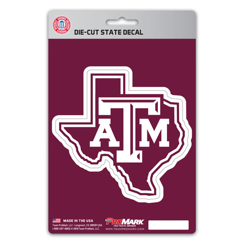 Texas A&M University state shape decal by Logo Brands displayed on a surface, featuring red and black colors with the university logo.