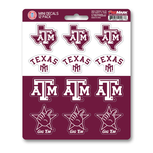 Set of 12 Texas A&M University mini decals featuring the logo, ideal for decorating laptops, notebooks, and more.