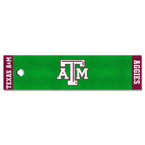 Texas A&M University logo putting green mat with branded logo, realistic turf surface, designed for golf practice and indoor use.