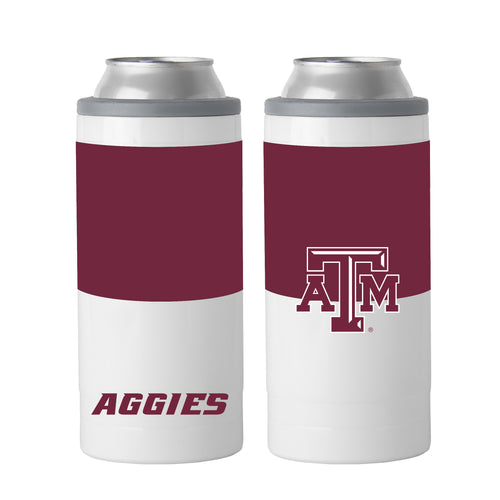 Texas A&M 12oz colorblock slim can coolie by Logo Brands, insulated drinkware in red and gray with Texas A&M logo.