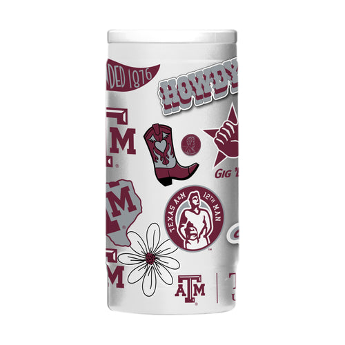 Texas A&M 12oz native powder coat slim can coolie, branded drinkware in maroon with logo, designed to keep drinks cold.