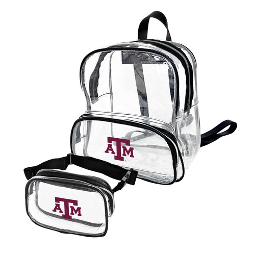 Texas A&M clear backpack and belt bag set by Logo Brands, featuring transparent design and adjustable straps.