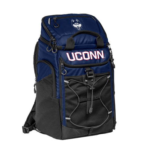 UConn 26 Can Backpack Cooler by Logo Brands featuring insulated main compartment, adjustable straps, and UConn team logo.