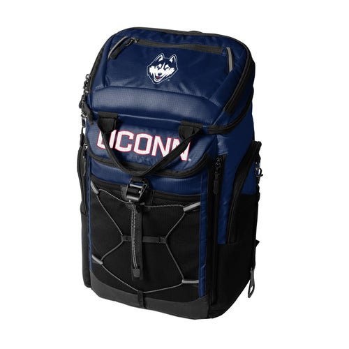 UConn 26 Can Backpack Cooler by Logo Brands, insulated cooler bag with adjustable straps and UConn team logo, ideal for outdoor events.