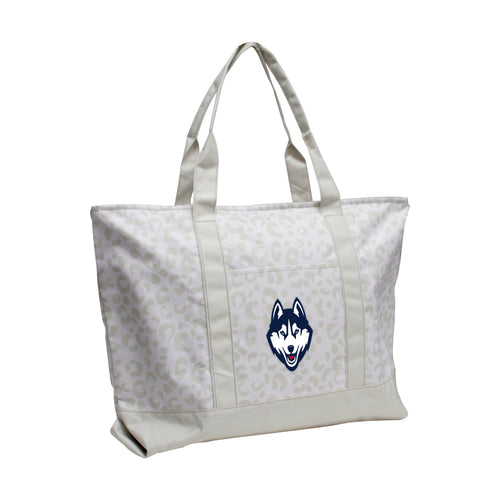 UConn leopard pattern tote bag by Logo Brands, featuring a spacious design with UConn logo and stylish leopard print pattern.