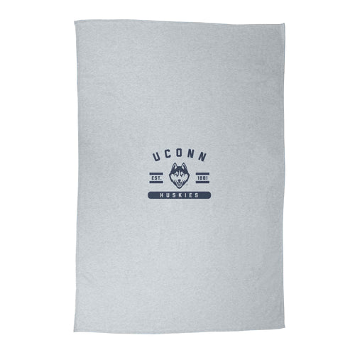 Gray UConn Athletic sublimated sweatshirt blanket featuring UConn logo, soft home textile for cozy comfort.