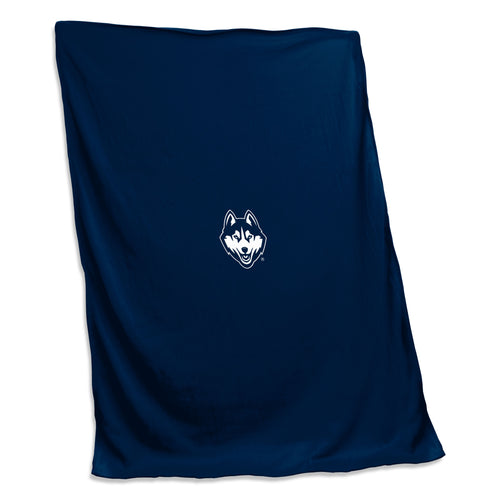 UConn screened sweatshirt blanket by Logo Brands featuring UConn logo and team colors, cozy and soft for fans.