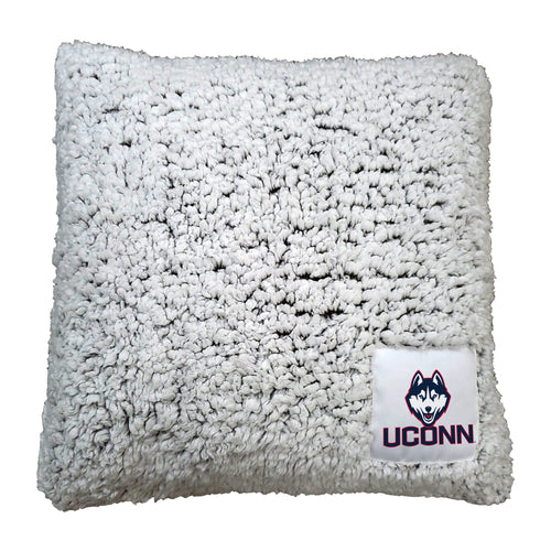 UConn Frosty Throw Pillow by Logo Brands featuring UConn Huskies logo on soft, cozy blanket pillow for fans.