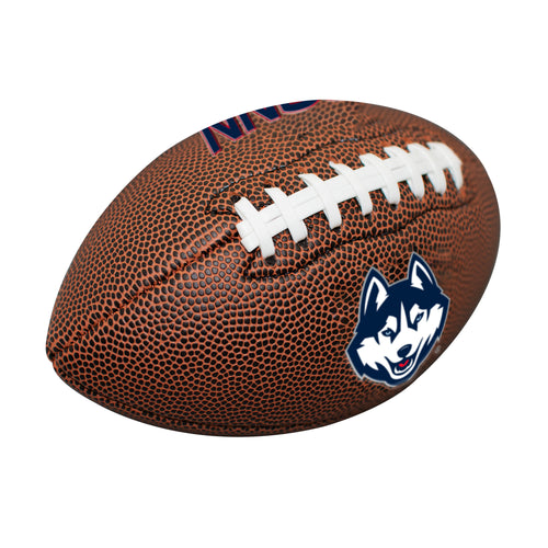 UConn mini size composite football by Logo Brands, designed for recreation, showing the UConn logo and textured surface.