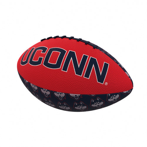 Mini rubber football for recreation by Logo Brands, featuring UConn team logo, ideal for casual play or collectibles.