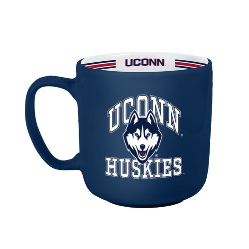 UConn 15oz striped ceramic mug by Logo Brands, featuring UConn logo and blue and white stripe design.
