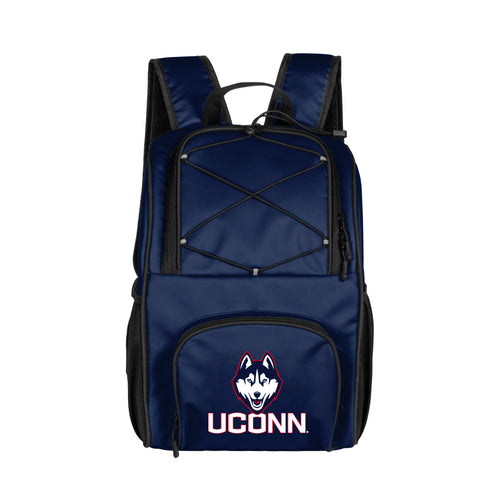 UConn 24 Can Flex Backpack Cooler by Logo Brands, featuring a black insulated cooler with adjustable straps and front pocket.