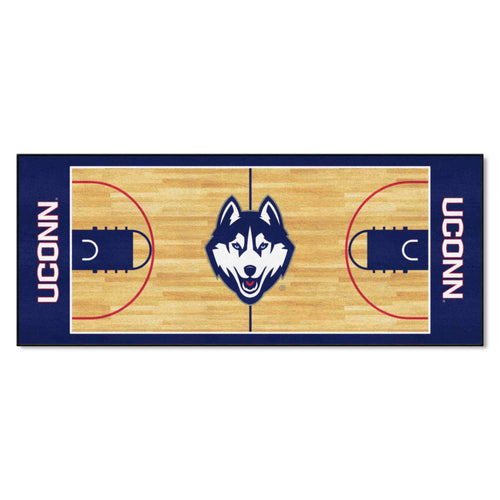 Black NCAA basketball runner mat featuring University of Connecticut logo, ideal for sports rooms or gym floors by Logo Brands