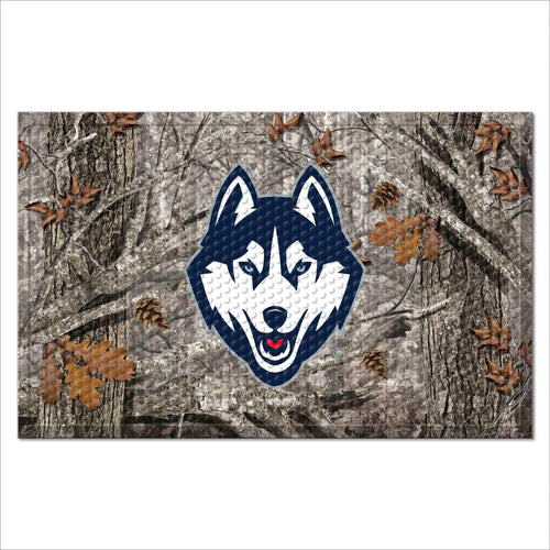 University of Connecticut camo scraper mat by Logo Brands, featuring UConn logo and rugged camouflage design for entryway durability.