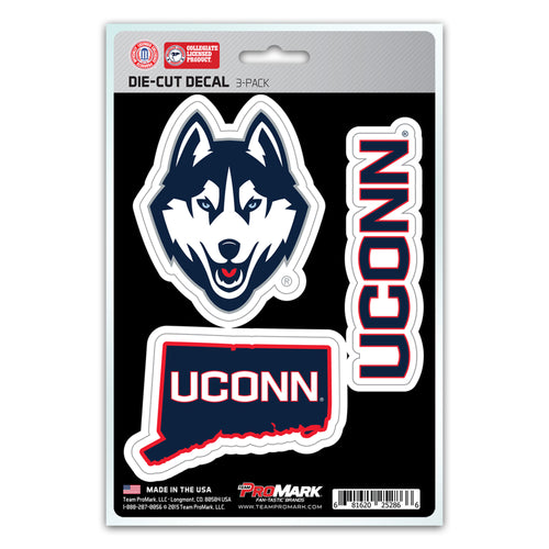Set of three University of Connecticut decals featuring the Logo Brands logo and UConn branding on adhesive stickers.