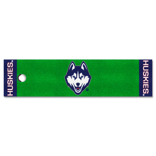 University of Connecticut logo golf putting green mat by Logo Brands, with realistic grass surface for practice and fun.