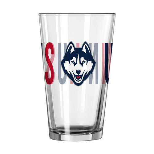 UConn 16oz Overtime pint glass with UConn logo, clear glass drinkware for college sports fans
