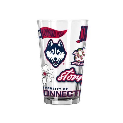 UConn 16oz Native Pint Glass by Logo Brands showing the UConn logo and traditional design on clear drinkware