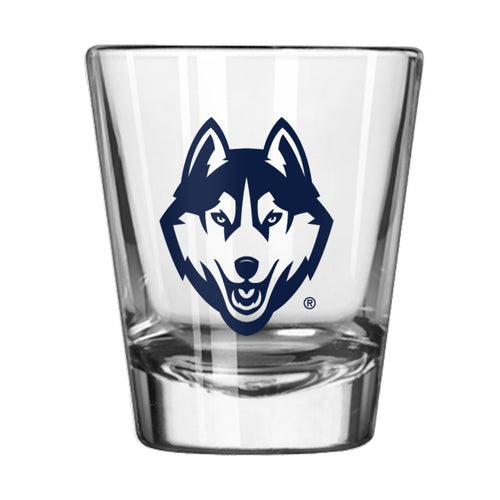 UConn 2oz Gameday shot glass with team logo and branding, made of clear glass for college-themed drinkware.